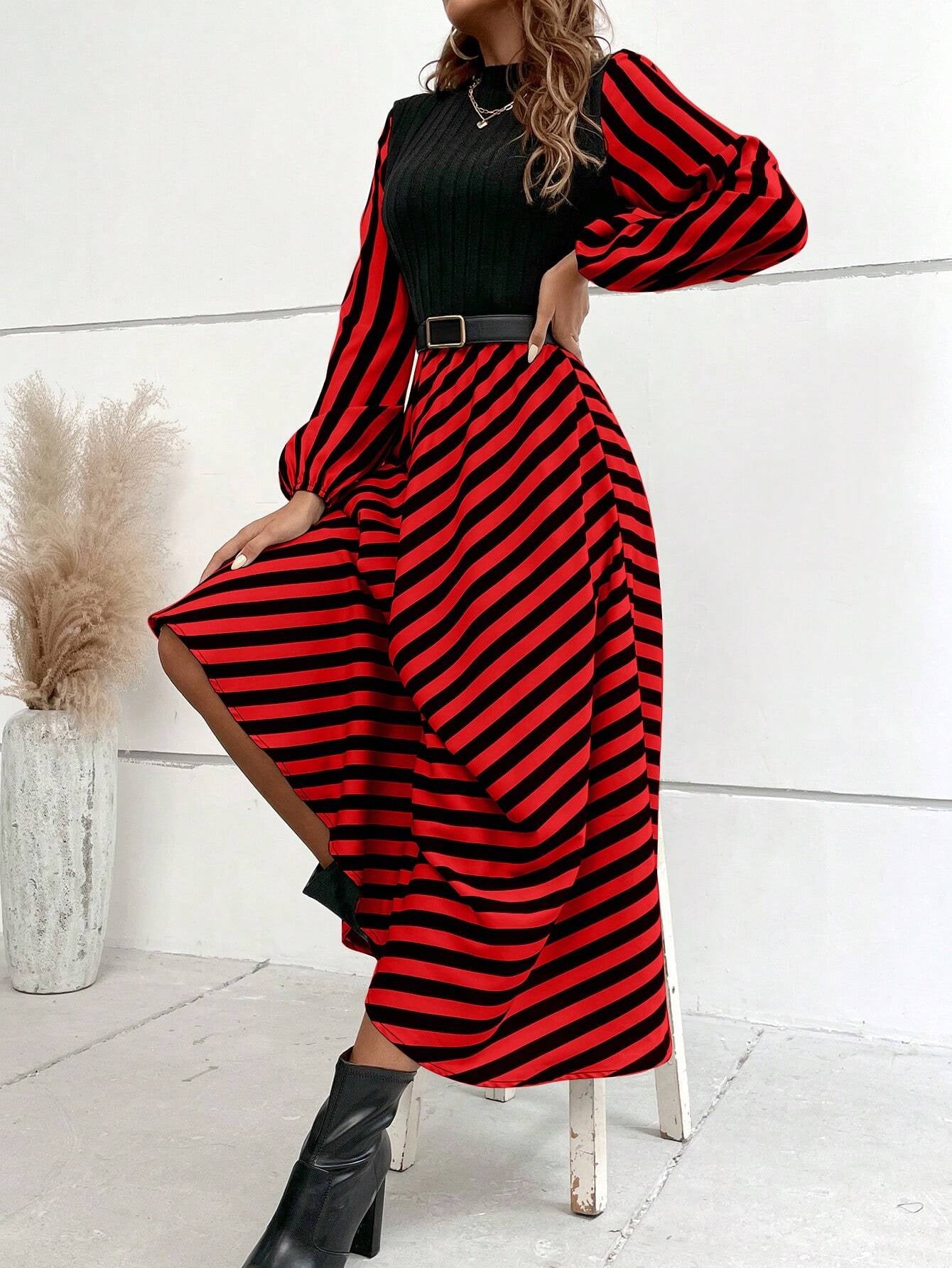 SHEIN Privé Striped Mock Neck Lantern Sleeve Dress without Belt