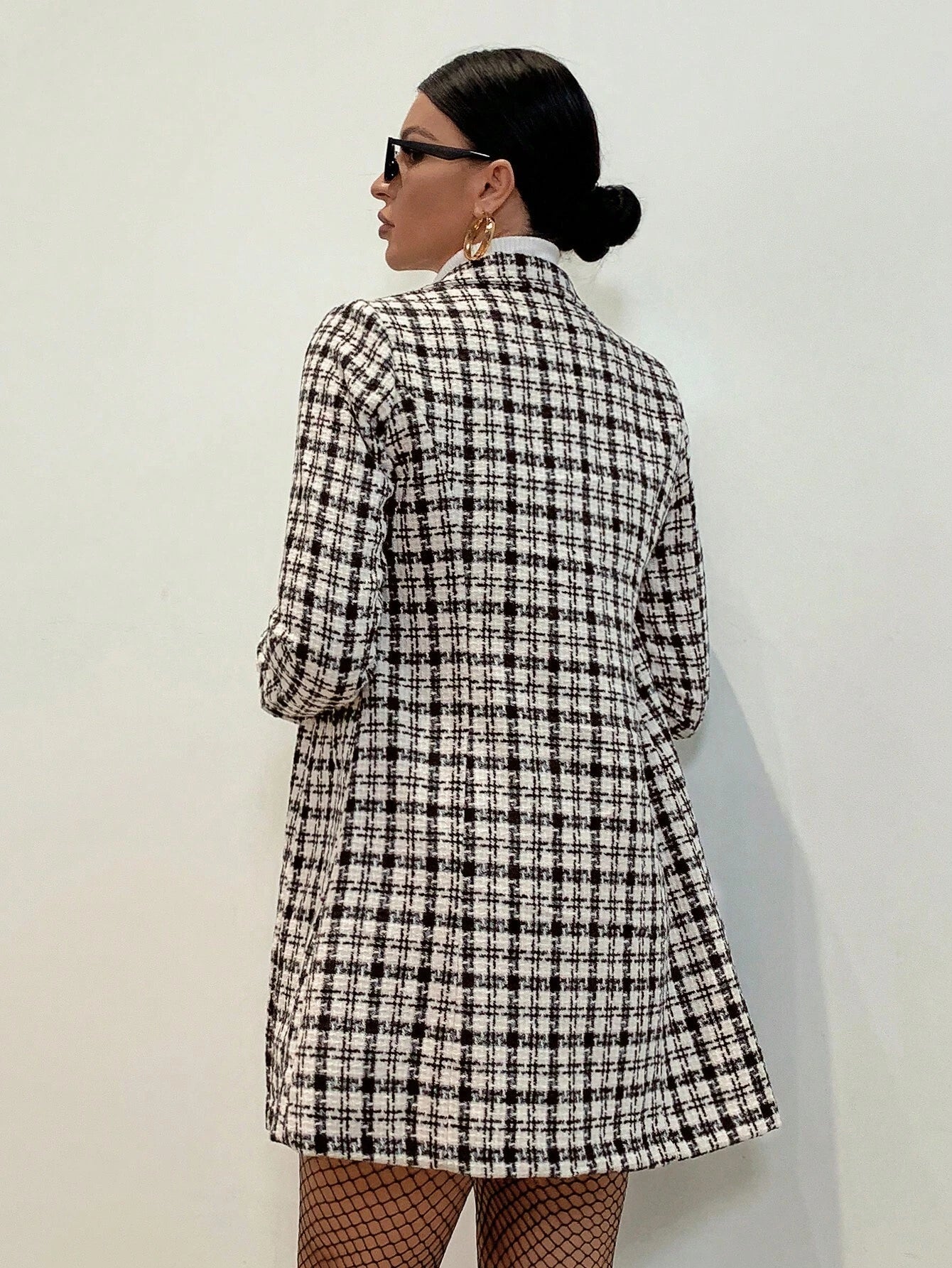 SHEIN Modichic Plaid Pattern Double Breasted Tweed Overcoat Workwear