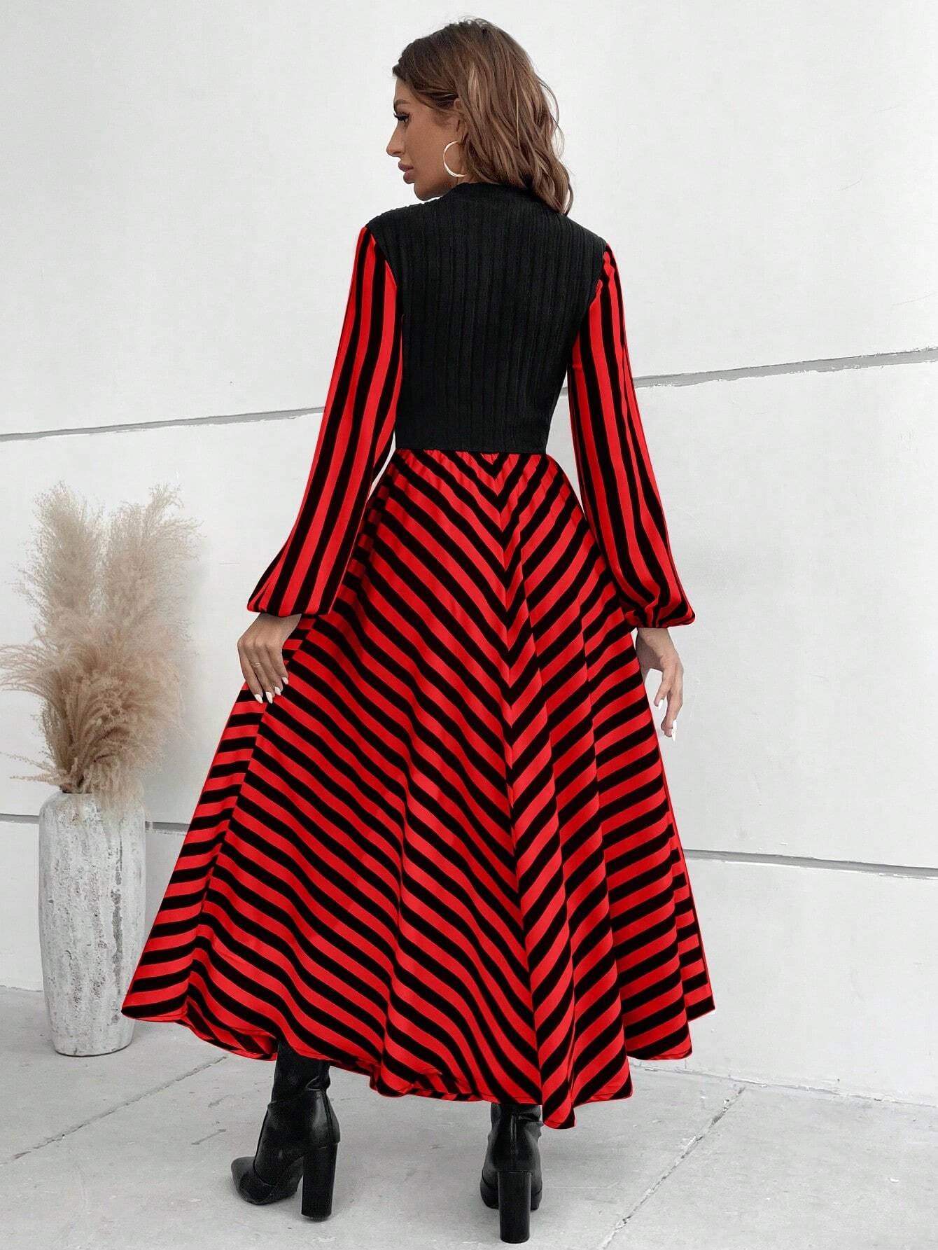 SHEIN Privé Striped Mock Neck Lantern Sleeve Dress without Belt