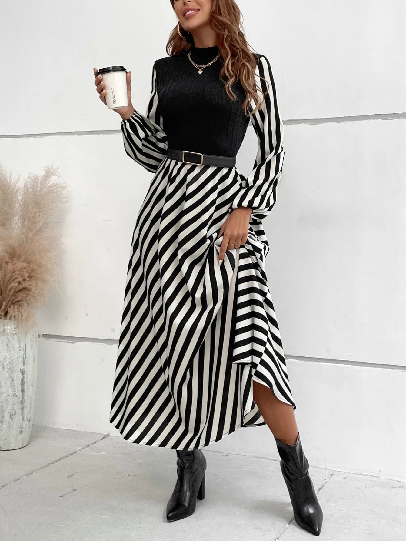 SHEIN Privé Striped Mock Neck Lantern Sleeve Dress without Belt