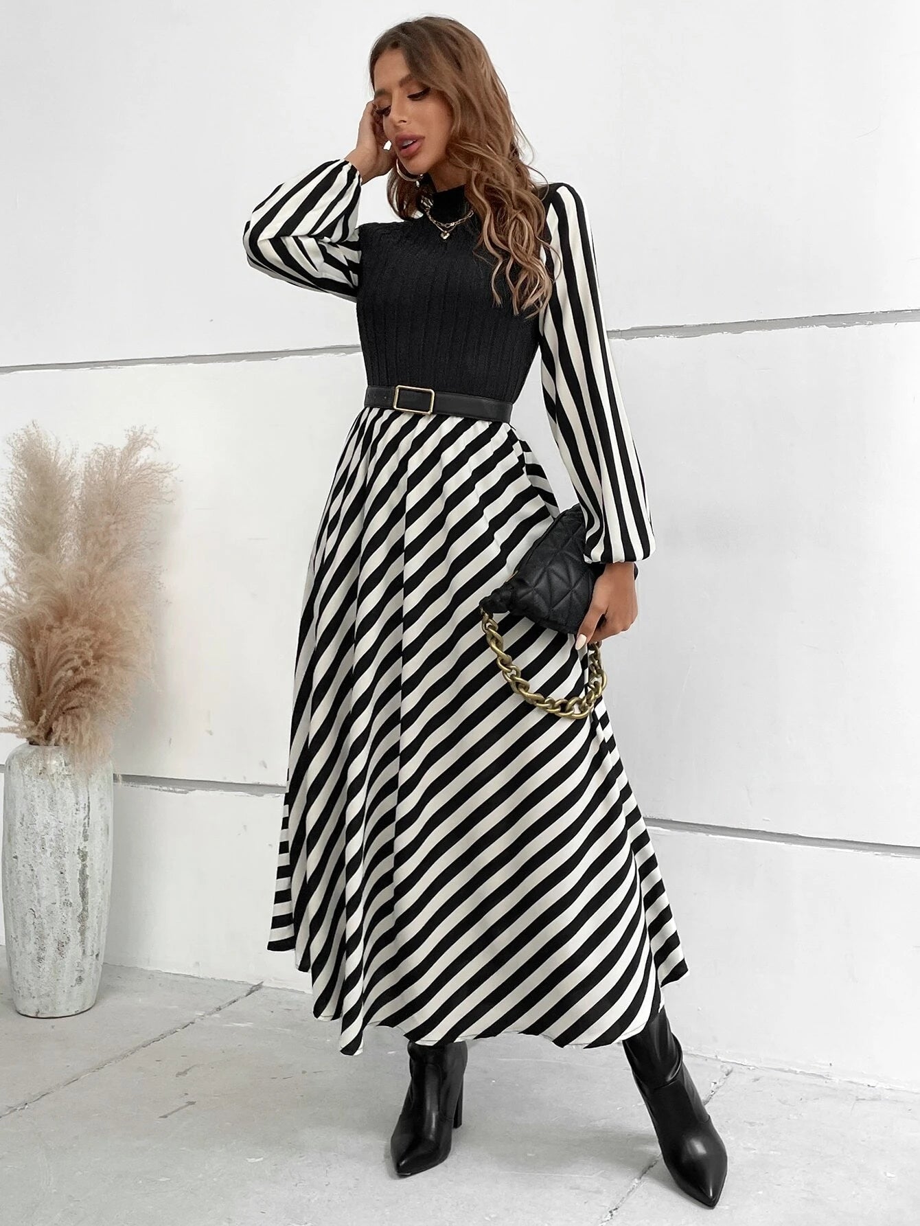 SHEIN Privé Striped Mock Neck Lantern Sleeve Dress without Belt